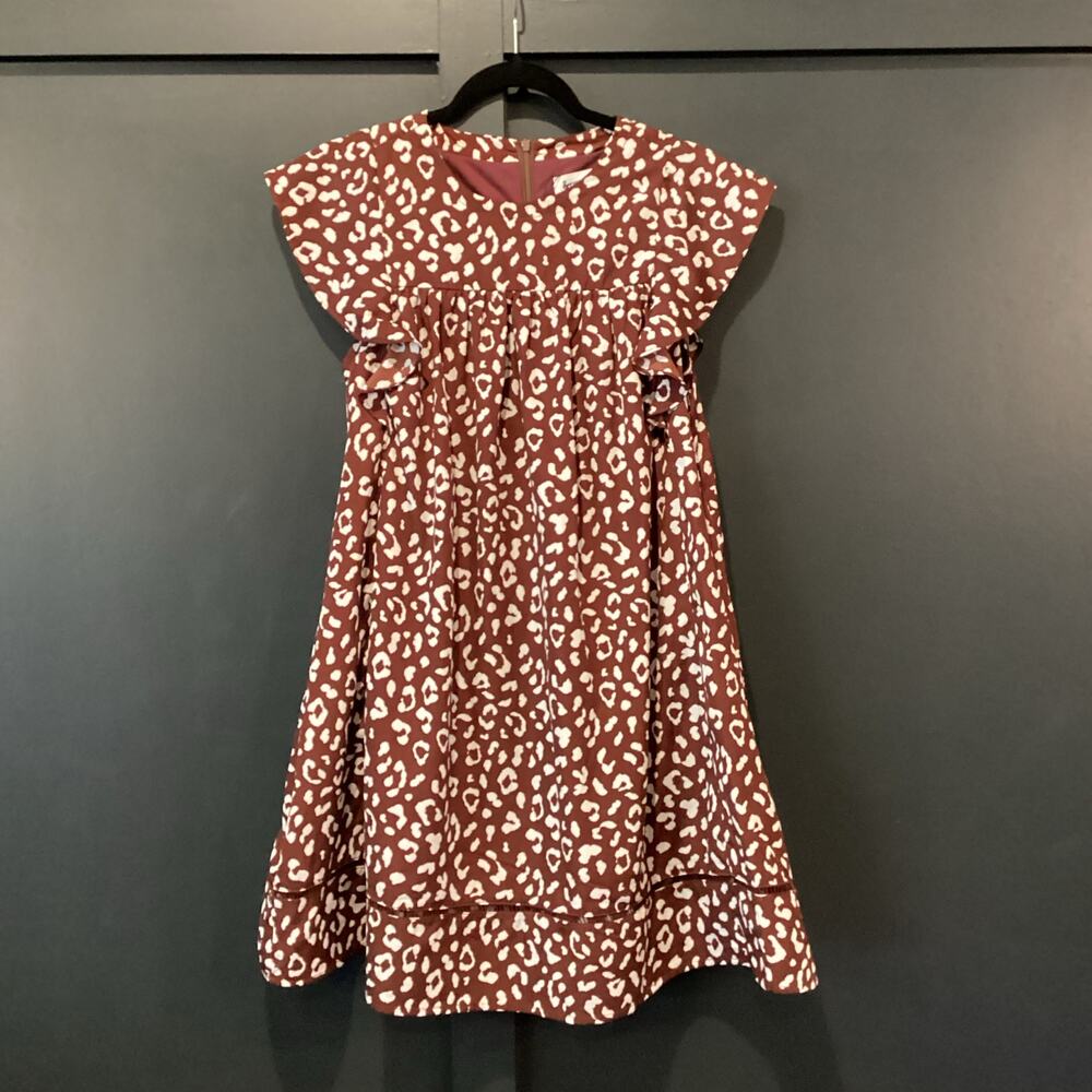 &merci brown and white leopard ruffle shortsleeve mini swing sheath dress S